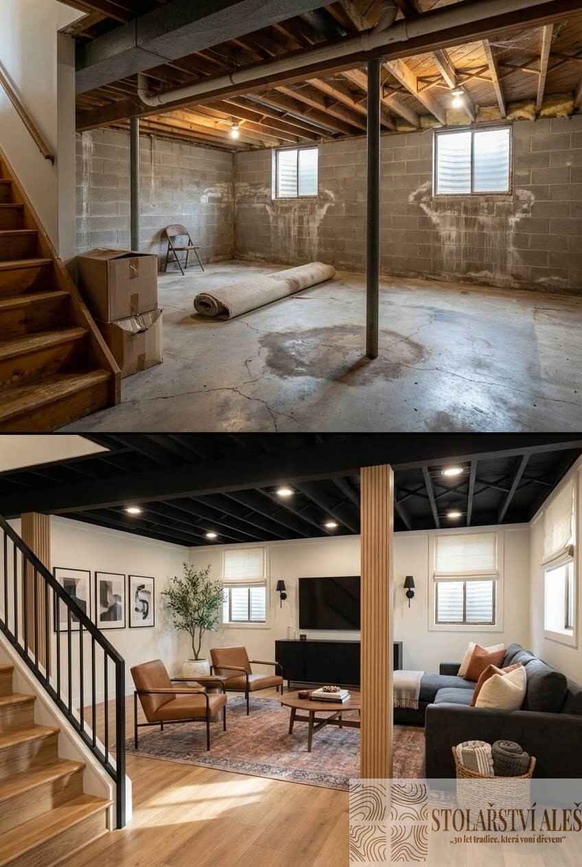 Rekonstrukce sklepních prostor před a po – z nevyužitého suterénu moderní obývací pokoj s dřevěnou podlahou