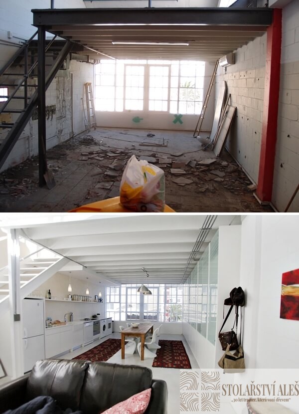Rekonstrukce loftového prostoru před a po – z rozbouraného skladu moderní byt s kuchyní a obývacím pokojem